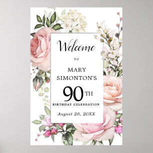 Välkomstskylt om 90:e födelsedag i rosa ros Blommi Poster