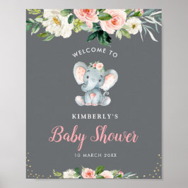 Välkomstskylt om babydusch för liten elefant blomm poster