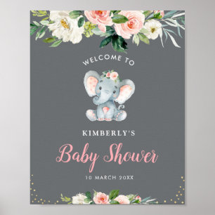 Välkomstskylt om babydusch för liten elefant blomm poster