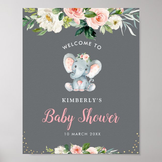 Välkomstskylt om babydusch för liten elefant blomm poster (Framsidan)