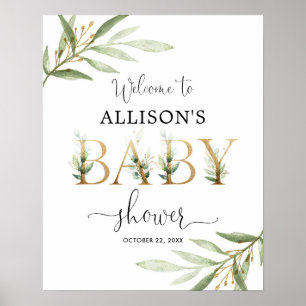 Välkomstskylt om babydusch i Greenery guld lämnar Poster