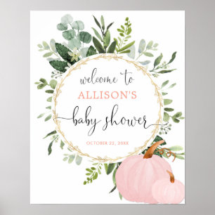 Välkomstskylt om babydusch i Greenery rosa-pumpor Poster