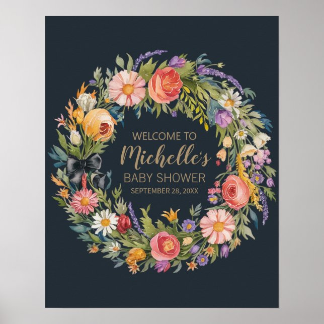 Välkomstskylt om babyduschning i guld Wildblomflic Poster (Framsidan)
