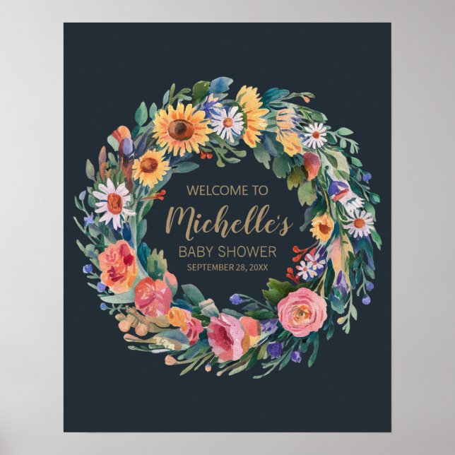 Välkomstskylt om babyduschning i guld Wildblomflic Poster (Framsidan)