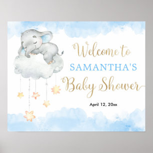 Välkomstskylt om elefantbabydusch för Blue guld Poster