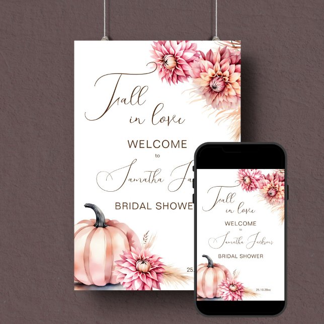 Välkomstskylt om fall i kärlek boho möhippa poster (Fall in love bridal shower welcome sign poster digital download earthy dusty pink pumpkin & dahlias)
