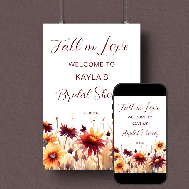 Välkomstskylt om fall i kärlek burgundisk möhippa poster (Fall in love bridal shower welcome sign poster template  digital download burgundy dahlias daisies)