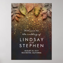 Välkomstskylt om guld Höst löv Glitter Bröllop Poster
