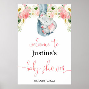 Välkomstskylt om rosa, elefantbabydusch poster
