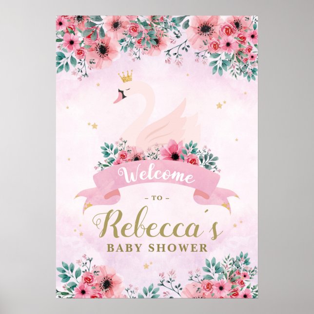 Välkomstskylt om svan Princess Baby Shower Poster (Framsidan)
