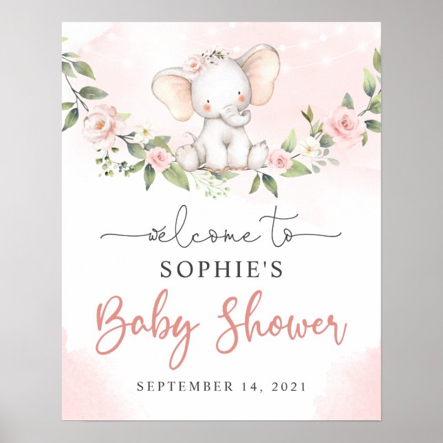 Välkomstskylt över  Baby Elephant Girl Baby Shower Poster (Framsidan)