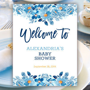 Välkomstskylt över blåfärgsfärg för babyskor, Blom Poster