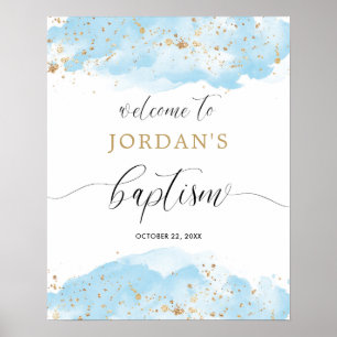 Välkomstskylt över blått guld-baptism poster
