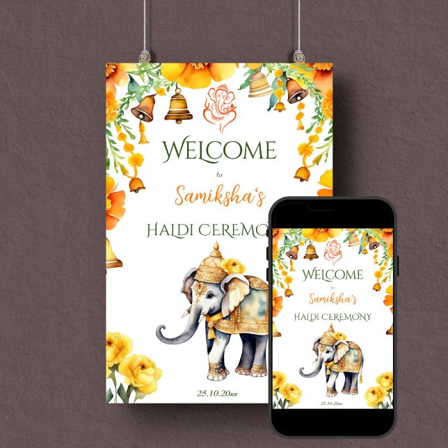 Välkomstskylt över elefant i Indiska bröllop Poster (Indian wedding elephant Haldi welcome sign editable template poster digital download yellow flowers)