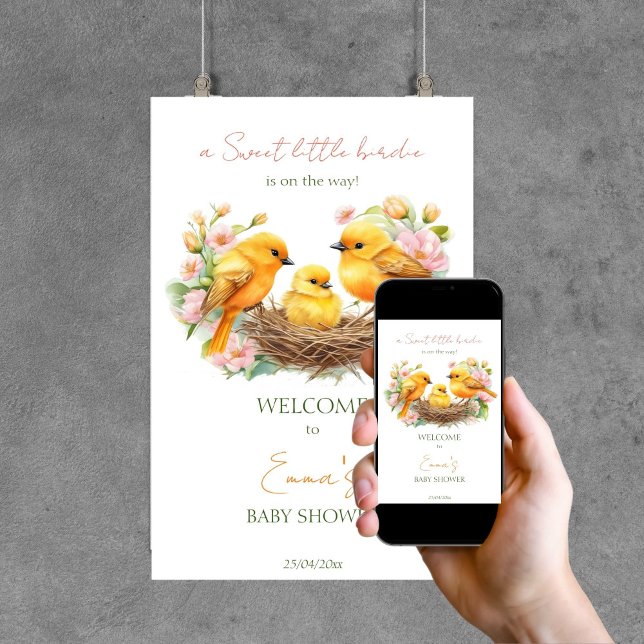 Välkomstskylt över fågelsköljning i vår poster (Little bird spring hatching soon baby shower welcome sign template digital download yellow canaries)