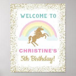 Välkomstskylt över guld Glitter Unicorn Rainbow Bi Poster