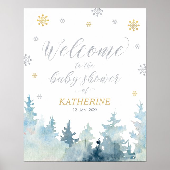 Välkomstskylt över guld Winter Wonderland Baby Sho Poster (Framsidan)