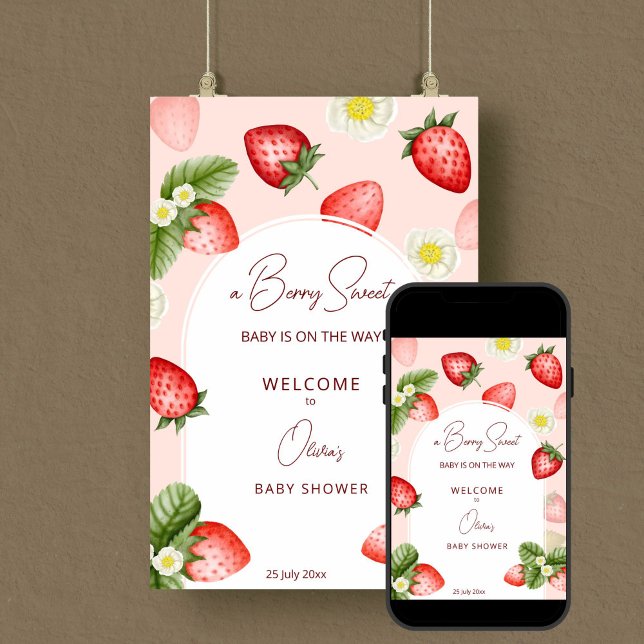 Välkomstskylt över hälsningssignatur för jordgubbs poster (Strawberry berry sweet baby shower pink welcome sign poster editable template digital download)