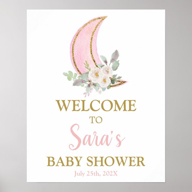 Välkomstskylt över Måne Baby Shower Girl Poster (Framsidan)