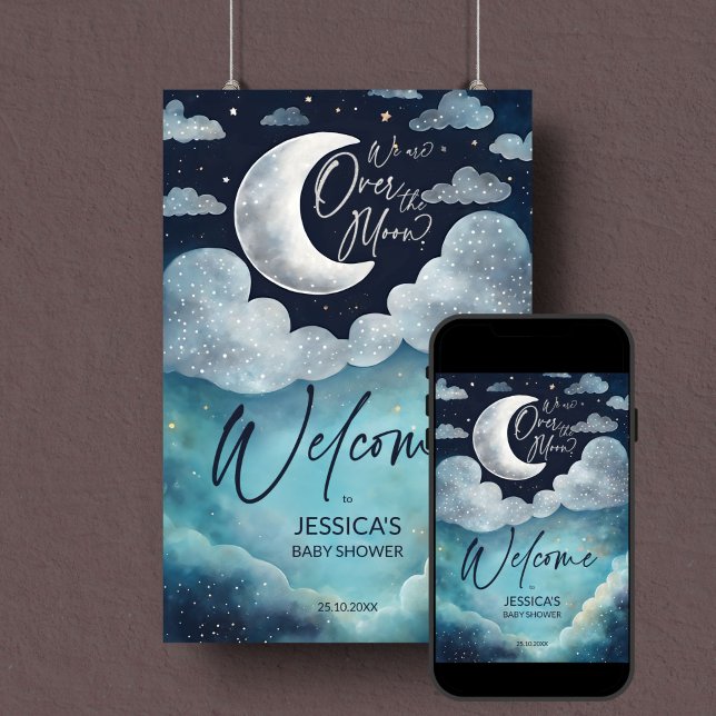 Välkomstskylt över måne galaxy babydusch poster (We're Over the moon galaxy baby shower editable template welcome sign digital download silver moon)