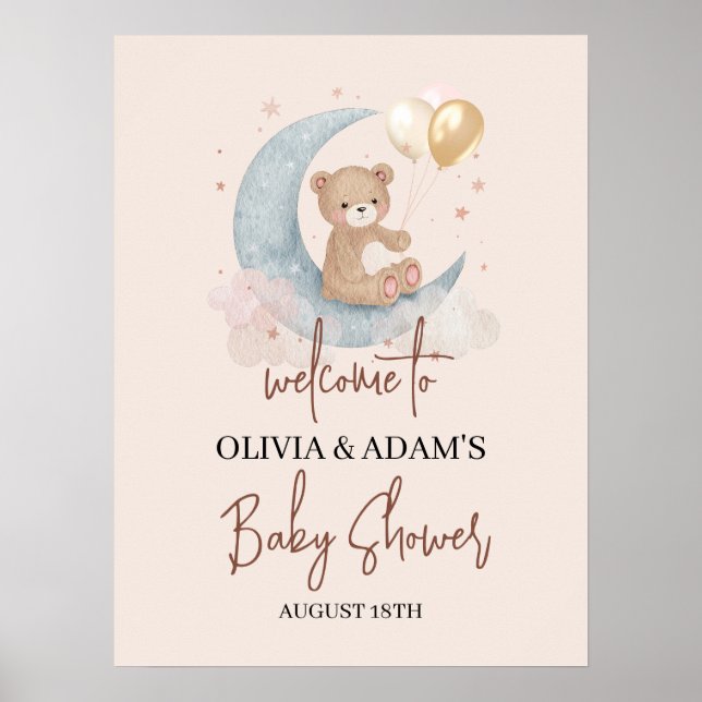Välkomstskylt över Måne Nalle Baby Shower Välkomst Poster (Framsidan)