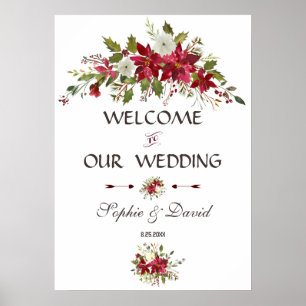 Välkomstskylt över Red White Poinsettia Bröllop Poster