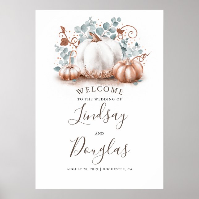 Välkomstskylt över ro Guld Pumpkins Fall Wedding Poster (Framsidan)