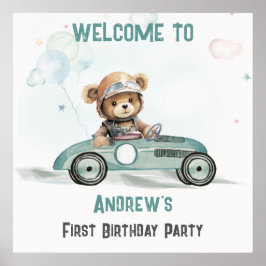 Välkomstskylt över tävling-bilen Baby Bear Birthda Poster