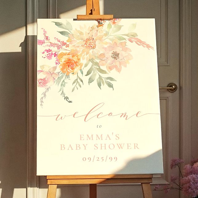 Välkomstskylt över  Teal Vår blommor Baby Shower Poster (Skapare uppladdad)
