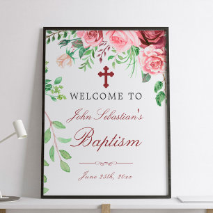 Välkomstskylt över vattenfärgen Rosa ros Garden Ba Poster
