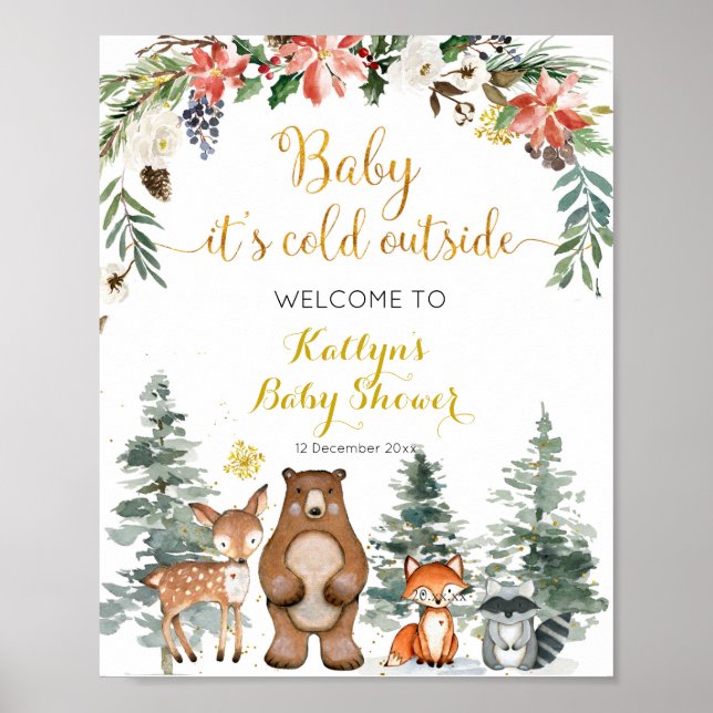 Välkomstskylt över Vinter Woodland Baby Shower Väl Poster (Framsidan)