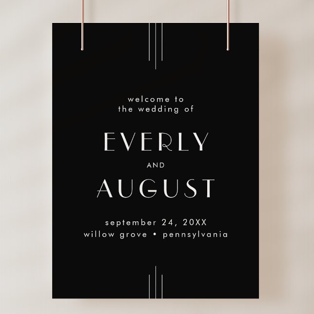 Välkomstskylt Poster EVERLY Art Deco Black Bröllop (EVERLY Art Deco Black Wedding Welcome Sign Poster)