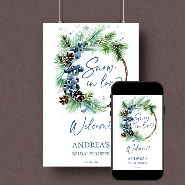 Välkomstskylt snö i kärlek vintertid möhippa poster (Snow in love winter bridal shower editable template welcome sign digital download watercolor pine)