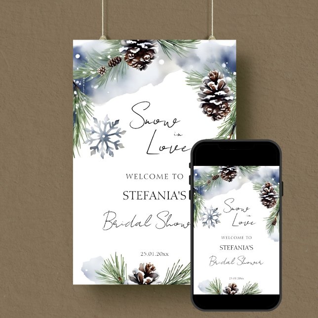 Välkomstskylt snö i kärlek vintertid möhippa poster (Snow in love winter bridal shower editable template welcome sign digital download snowy pines cones)