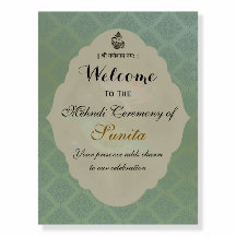 Välkomstskylt till indisk bröllops Mehndi-ceremoni