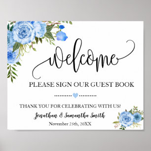 Välkomstskylt vår gäst bok bröllop blå blommigt poster