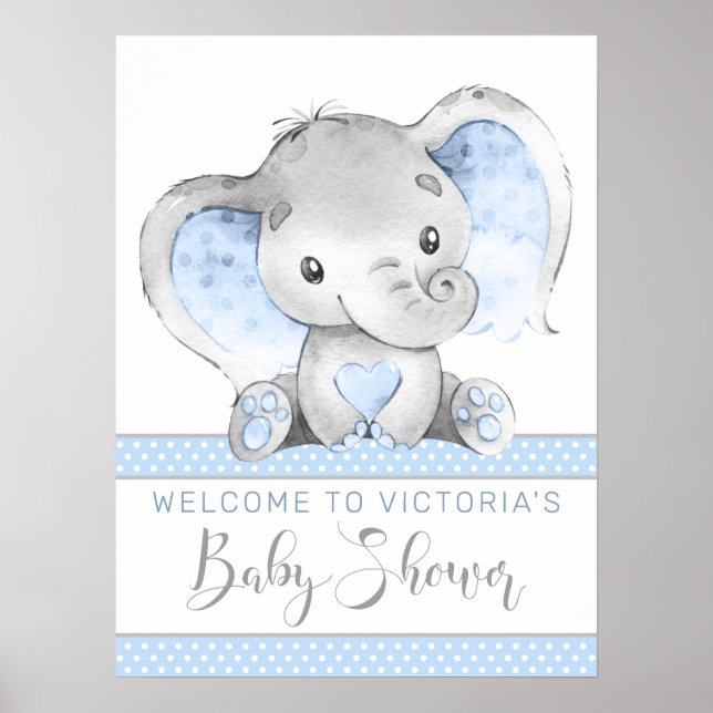 Välkomstskyltar för baby shower för pojke elefant poster (Framsidan)