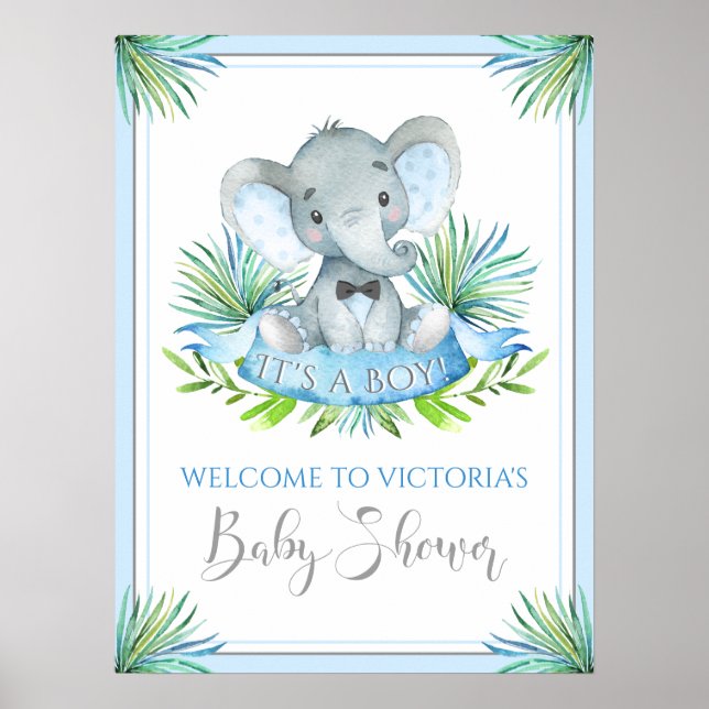 Välkomstskyltar för pojke elefant baby shower poster (Framsidan)