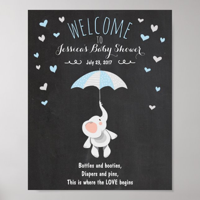 Välkomstskyltdusch elephant Blue Boy Shower Poster (Framsidan)