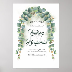Välkomstskylten Eucalyptus och Guld Greenery Bröll Poster