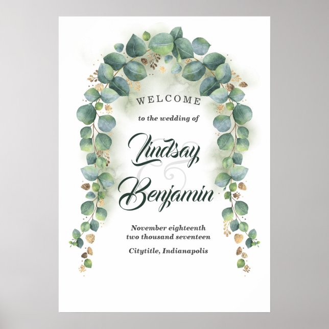 Välkomstskylten Eucalyptus och Guld Greenery Bröll Poster (Framsidan)