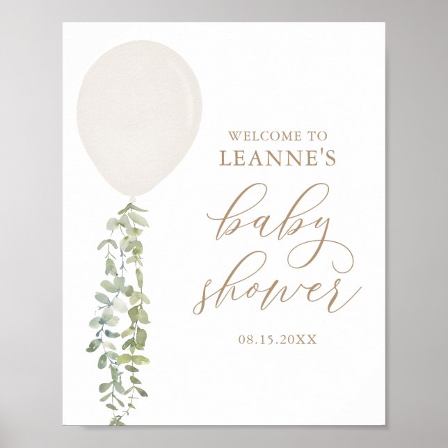 Välkomstskyltsvit ballong Eucalyptus Baby Shower Poster (Framsidan)