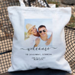 Välkomsttagarskylt för Photo Destination Wedding H Tygkasse<br><div class="desc">Välkomna gäster till bröllop med den här söt minimalistfoten i väskan.</div>