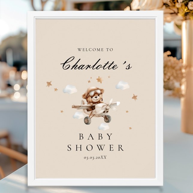Välkomsttagning för nalle och flygplan poster (Personalized Teddy Bear & Airplane Welcome Baby Shower Poster)