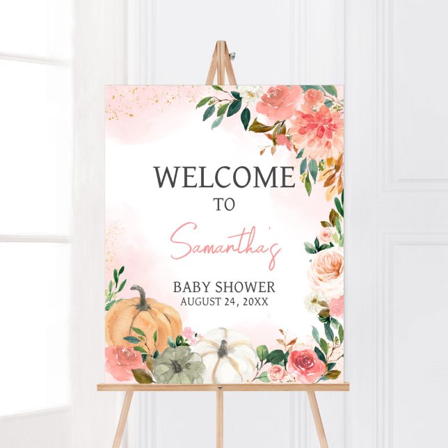 Välkomsttagning för rosa Blommigt höstfällning Poster (Autumn Floral Pumpkin Baby Shower Welcome Sign)