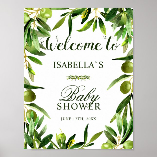 Välkomsttecken | Elegant Olive Boho Baby Shower Poster (Framsidan)