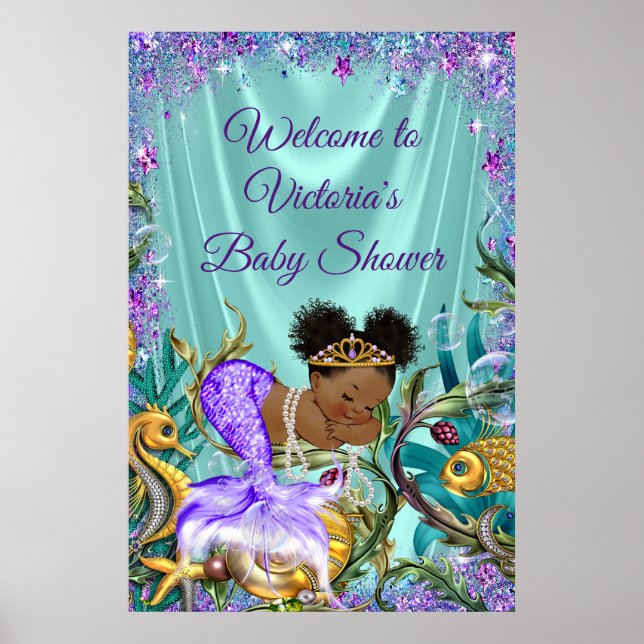 Välkomsttecken för Afro Sjöjungfru Baby Shower Poster (Framsidan)