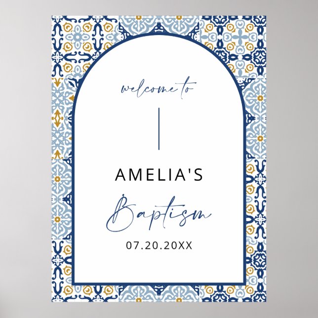 Välkomsttecken för Arch Amalfi Blue Tile Baptism Poster (Framsidan)