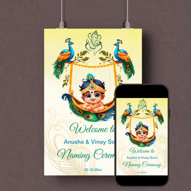 Välkomsttecken för baby Krishna Naming Cradle Cere Poster (Baby Krishna baby naming cradle namkaran ceremony welcome sign template poster instant download)