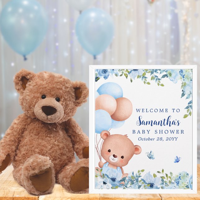 Välkomsttecken för Ballon Baby Shower för budgetNa (Teddy bear and balloons baby shower welcome sign for moms expecting a baby boy)